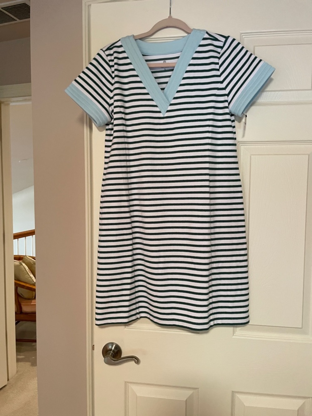 Talbots White and Dark Green Striped V-Neck Tee Dress New